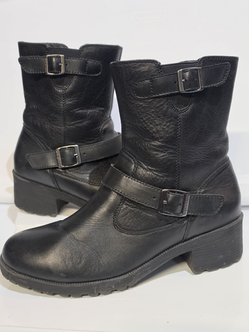 Eastland Black Leather Moto Buckle Ankle Boots